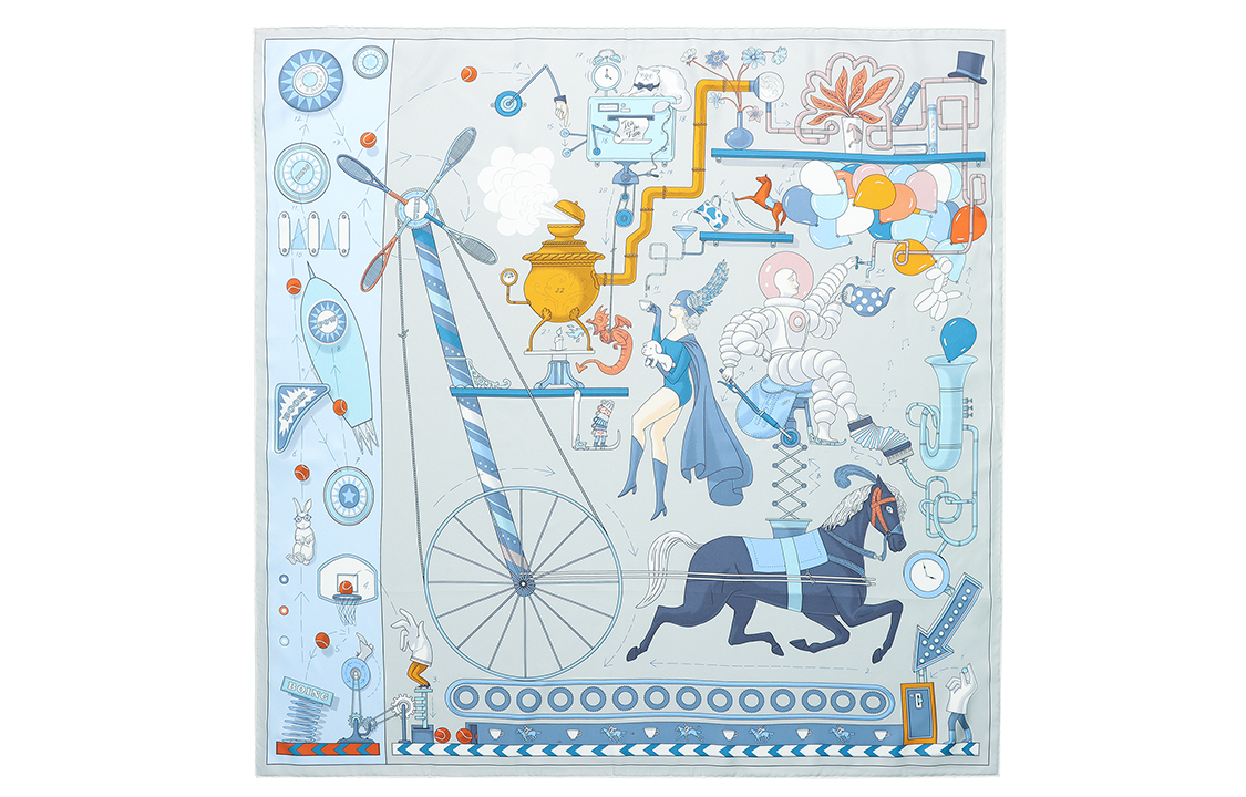 (Women) HERMES  Blue Scarf with Afternoon Tea Design. H003968S 02
