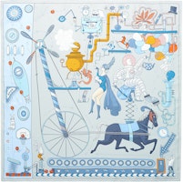 (Women) HERMES Blue Scarf with Afternoon Tea Design. H003968S 02 (Women) HERMES Blue Scarf with Afternoon Tea Design. H003968S 02