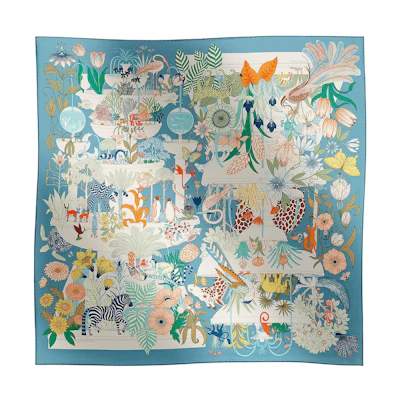 (Women) HERMES Blue Silk Scarf with Floral and Animal Print Design. H004094Sv07