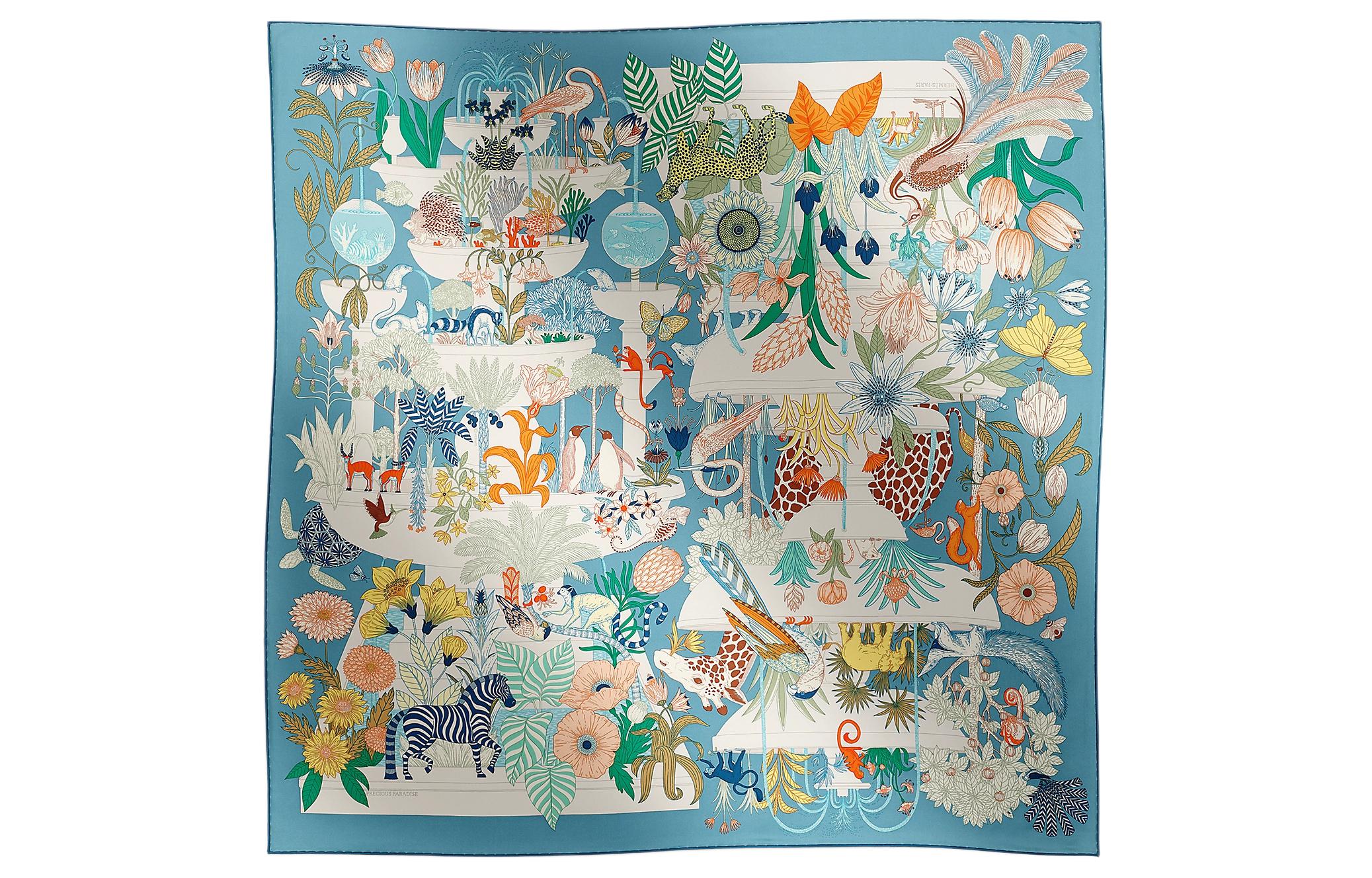 (Women) HERMES  Blue Silk Scarf with Floral and Animal Print Design. H004094Sv07 圖 2