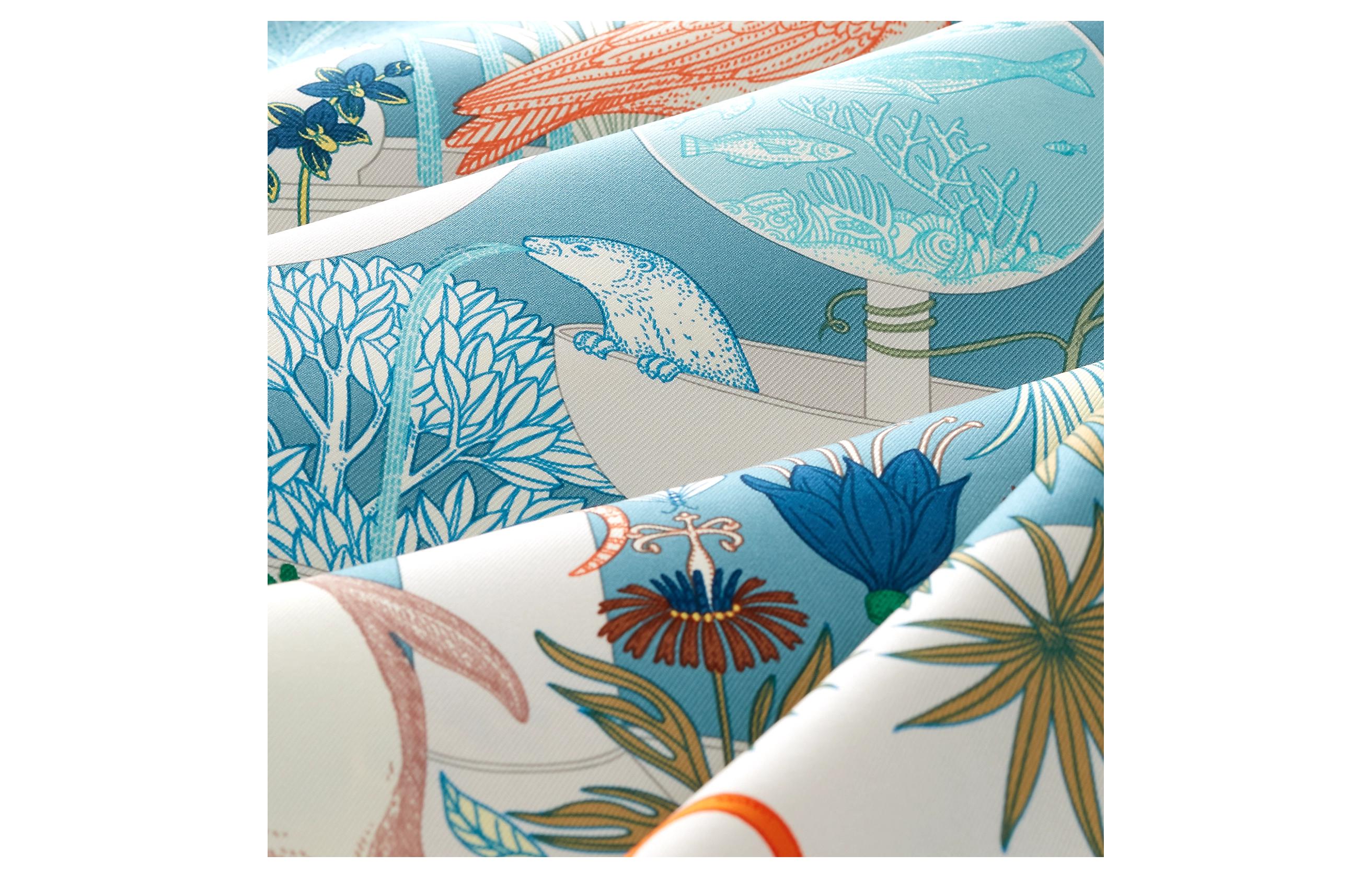 (Women) HERMES  Blue Silk Scarf with Floral and Animal Print Design. H004094Sv07 圖 3