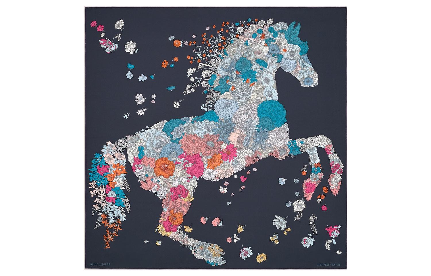 (Women) HERMES  Blue Silk Scarf with Floral and Horse Print Design. H003904S-04