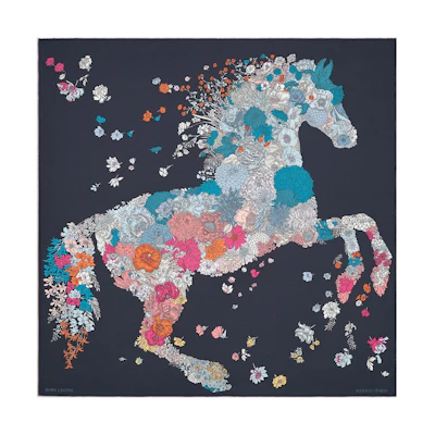 (Women) HERMES Blue Silk Scarf with Floral and Horse Print Design. H003904S-04