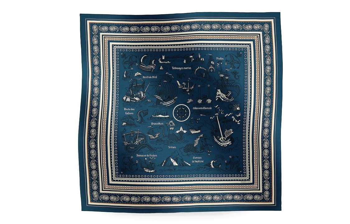 (Women) HERMES  Blue Silk Scarf with Graphic Print Design. H243374SF04