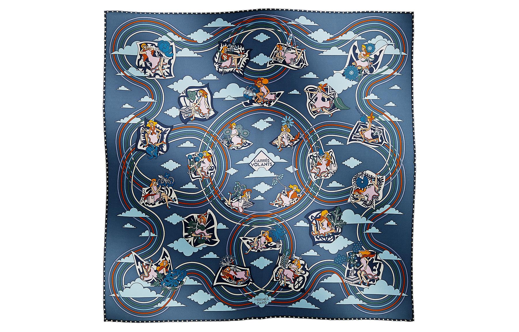 (Women) HERMES  Blue Silk Scarf with Pattern Print and Hand-Rolled Edges. H893849S-07