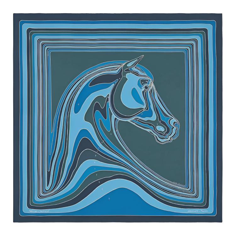 (Women) HERMES  Blue Silk Scarf with Pegasus Landscape Print. H073334S 08