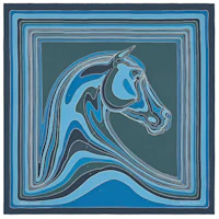 (Women) HERMES Blue Silk Scarf with Pegasus Landscape Print. H073334S 08 (Women) HERMES Blue Silk Scarf with Pegasus Landscape Print. H073334S 08