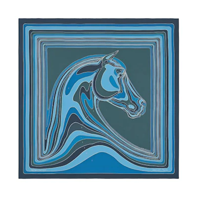 (Women) HERMES Blue Silk Scarf with Pegasus Landscape Print. H073334S 08