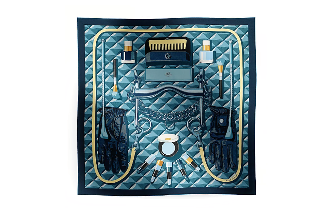 (Women) HERMES  Blue Silk Scarf with Whip Brush Woven Pattern. H004095Sv01