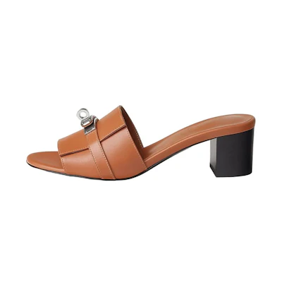 (W) HERMES 'Brown Calfskin Block-Heel Slide Sandals'