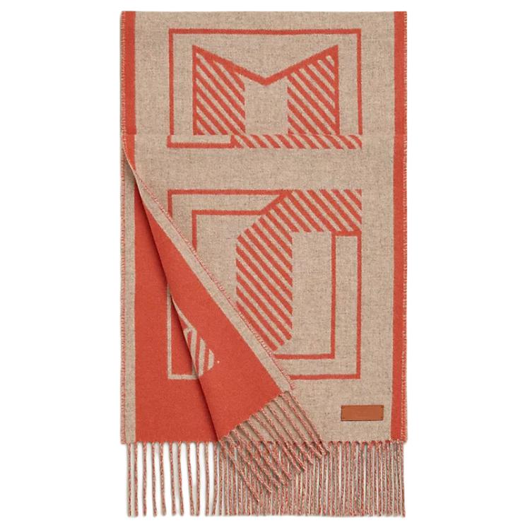 (Women) HERMES  Cashmere Scarf "Block Letter Equestrian" Beige/Red H259152S04