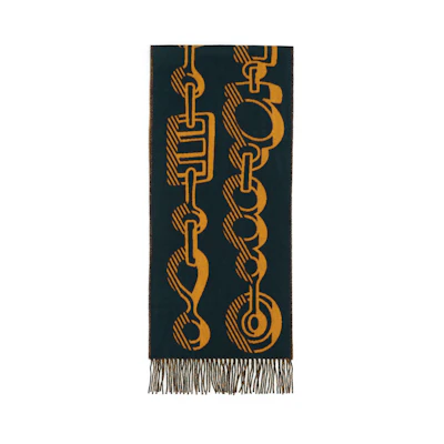 (Women) HERMES Cashmere Scarf Black/Blue & Ochre Yellow. H259092S-01