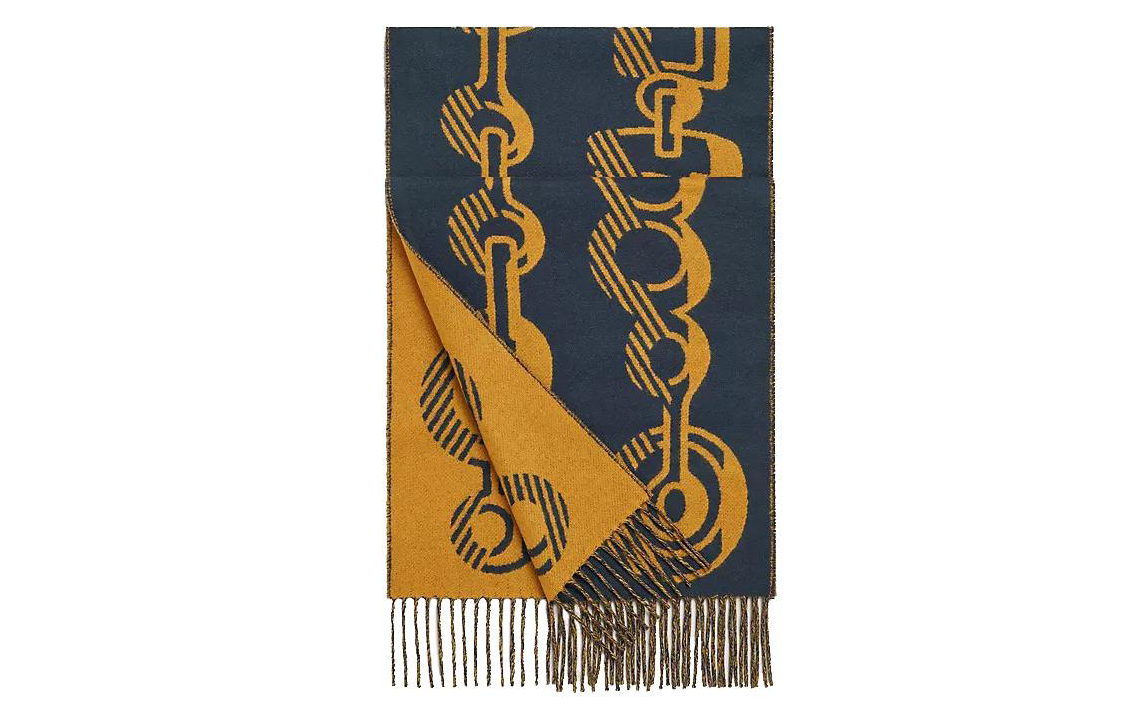 (Women) HERMES  Cashmere Scarf Black/Blue & Ochre Yellow. H259092S-01 圖 5