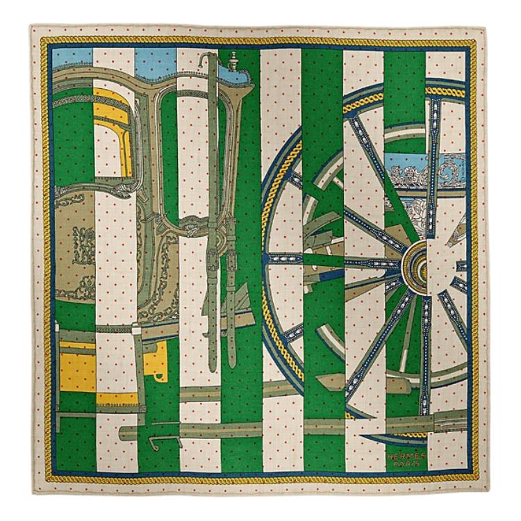 (Women) HERMES  Cashmere Silk Scarf Pattern Design Green/Grey/Orange. H743864S