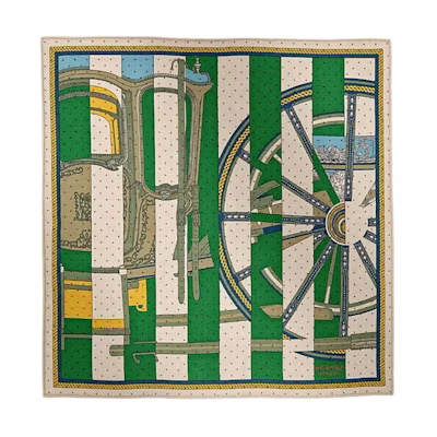 (Women) HERMES Cashmere Silk Scarf Pattern Design Green/Grey/Orange. H743864S