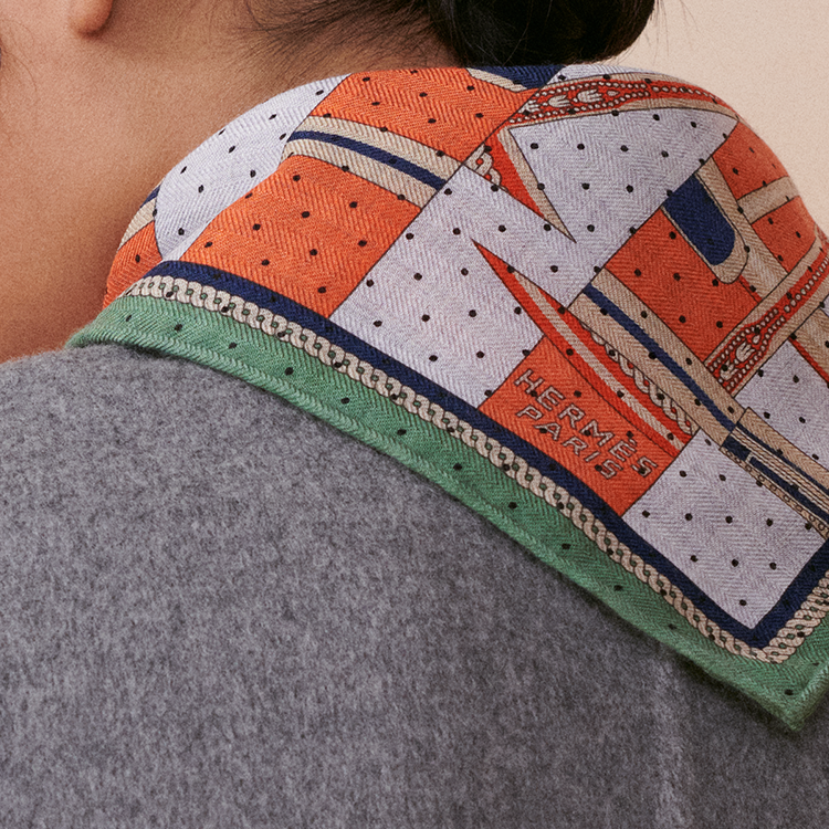 (Women) HERMES  Cashmere Silk Scarf Pattern Design Green/Grey/Orange. H743864S 圖 5