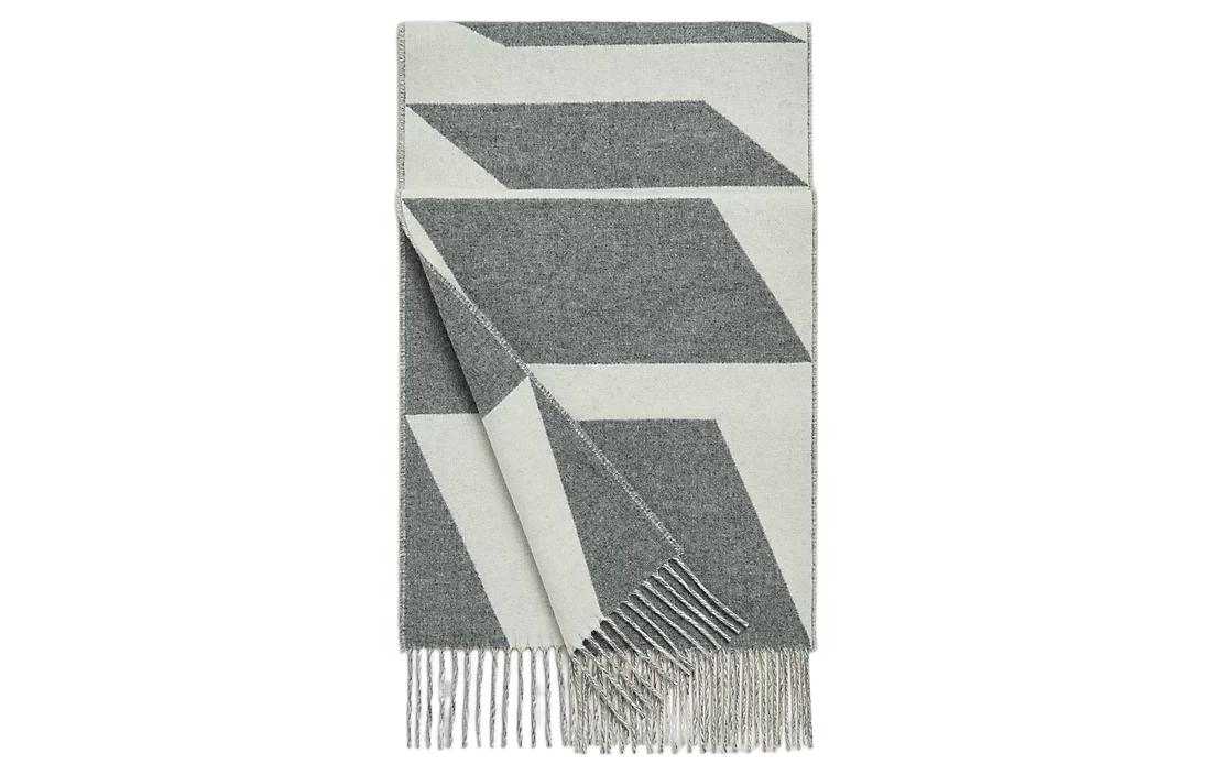 (Women) HERMES  Cashmere Wool Scarf Ivory White/Medium Gray Fashion Comfort H259091S 03