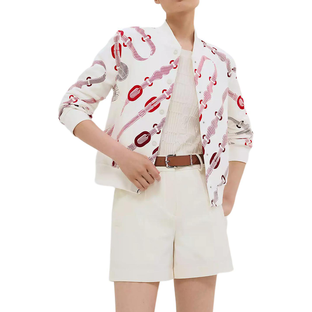 (Women) HERMES  Coaching Remix Print Cotton Baseball Jacket in Natural White. H5E4223DBA3