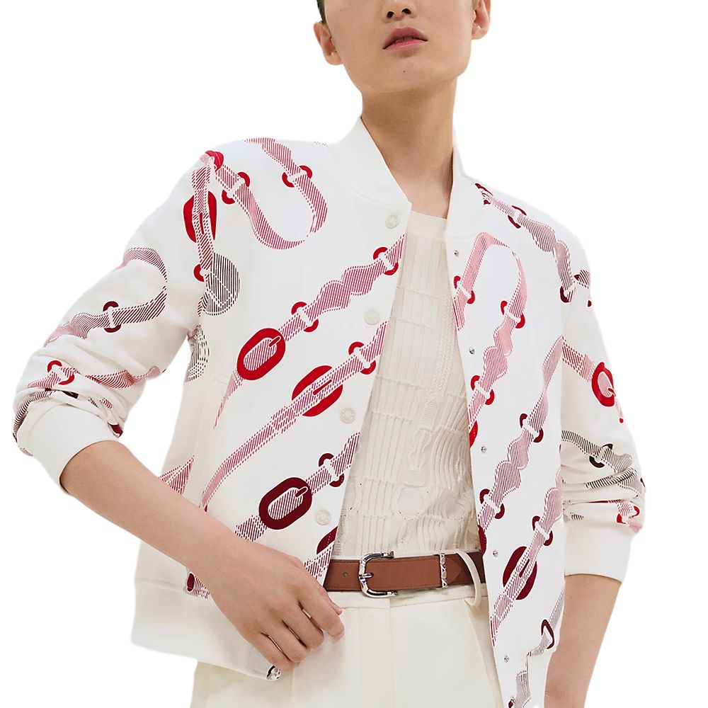 Shop (Women) HERMES  Coaching Remix Print Cotton Baseball Jacket in Natural White. H5E4223DBA3