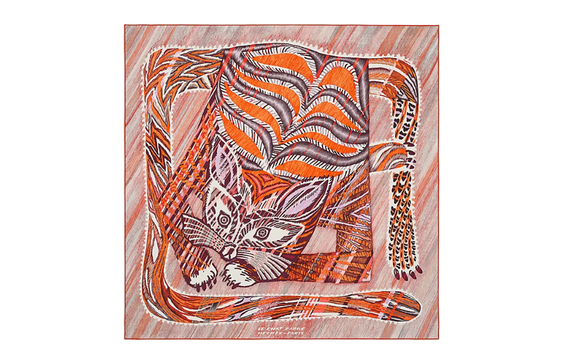 (Women) HERMES  Coral Printed Silk Scarf with Pattern Design. H003901S 09
