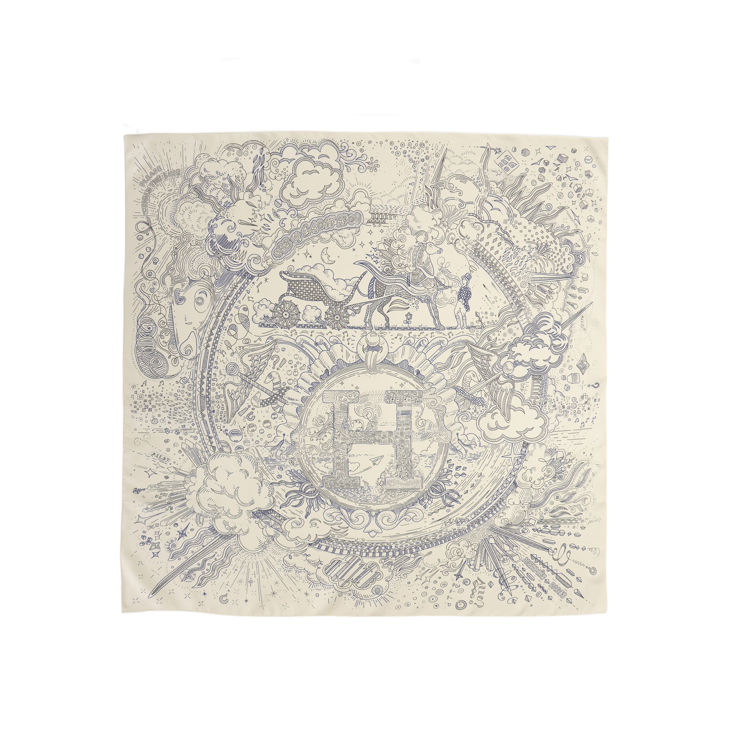 (Women) HERMES  Cream Silk Scarf with Logo Pattern Design. H004187S16