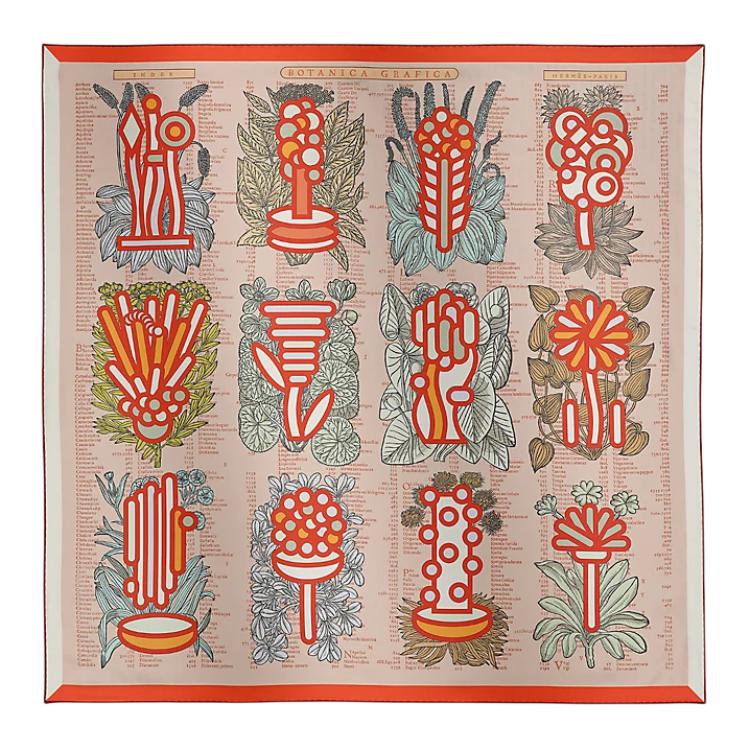 (Women) HERMES  Double-Sided Plant Print Silk Scarf in Pink Apricot. H903852S02