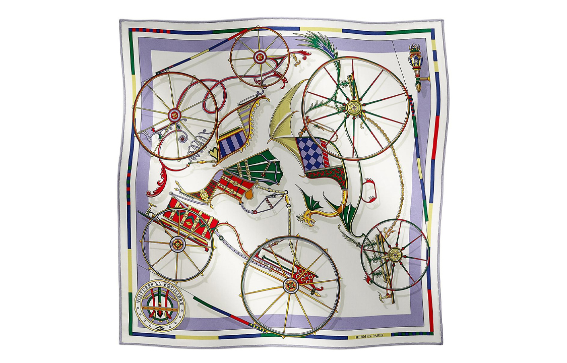 (Women) HERMES "Equestrian Carriage" Print Silk Scarf  Light Purple H894027S05