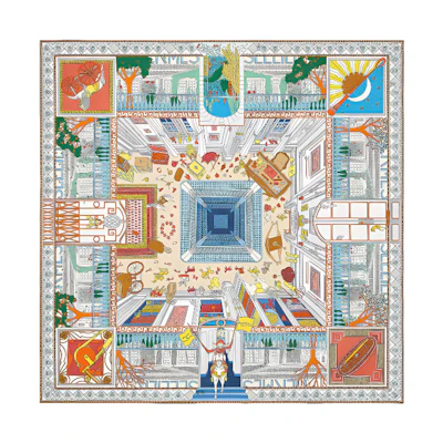 (Women) HERMES Fashion Silk Scarf with Exotic Treasure Print - Multicolor. H003757S 01