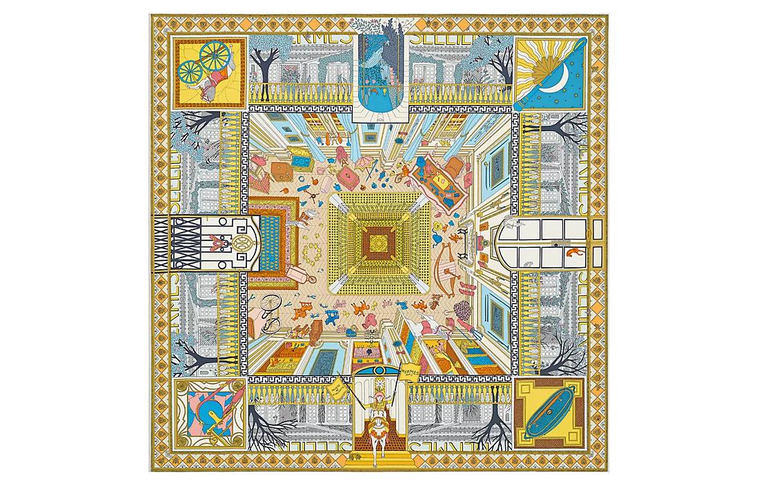 (Women) HERMES  Fashion Silk Scarf Yellow/Grey/Blue H003757S-08