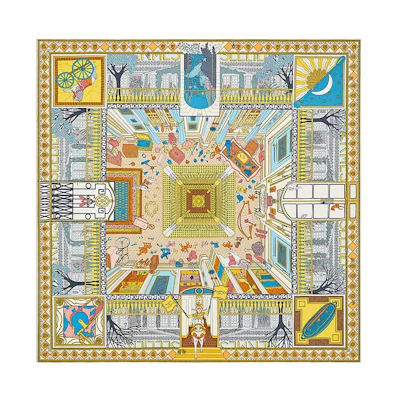 (Women) HERMES Fashion Silk Scarf Yellow/Grey/Blue H003757S-08