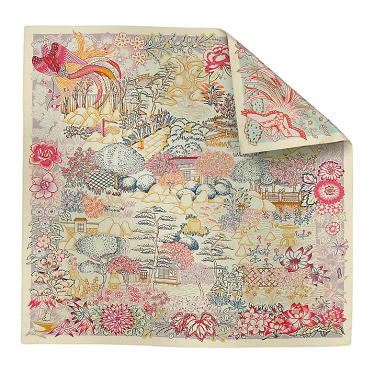 (Women) HERMES  Floral Animal Print Silk Scarf in Vanilla Color. H904126Sv03