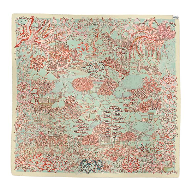 Shop (W) 爱马仕香草色动物花卉印花真丝围巾 H904126Sv03