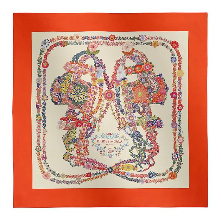 (Women) HERMES  Floral Geometric Print Mulberry Silk Scarf Vermilion Red. H004192S04