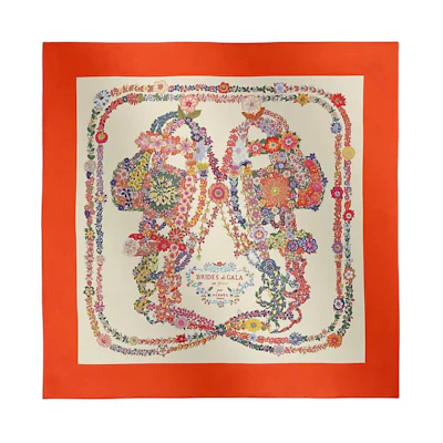 (Women) HERMES Floral Geometric Print Mulberry Silk Scarf Vermilion Red. H004192S04