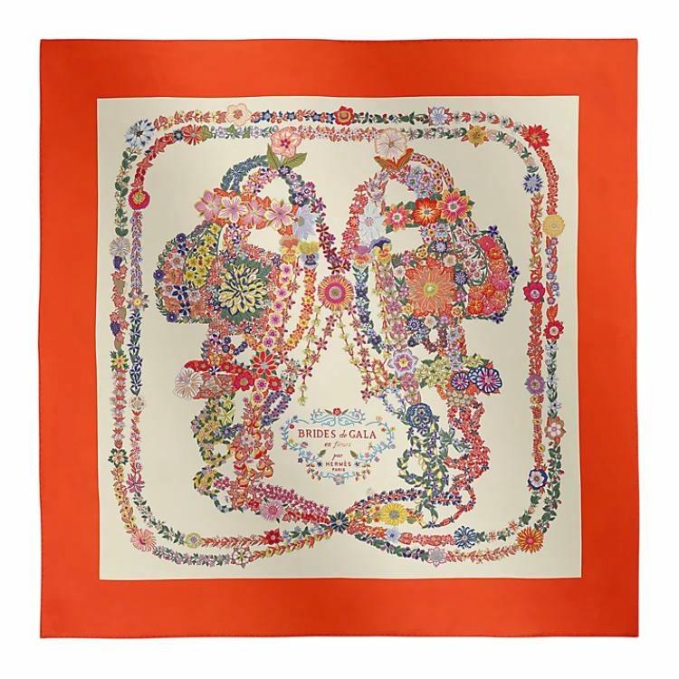 (Women) HERMES  Floral Geometric Print Mulberry Silk Scarf Vermilion Red. H004192S04 圖 2