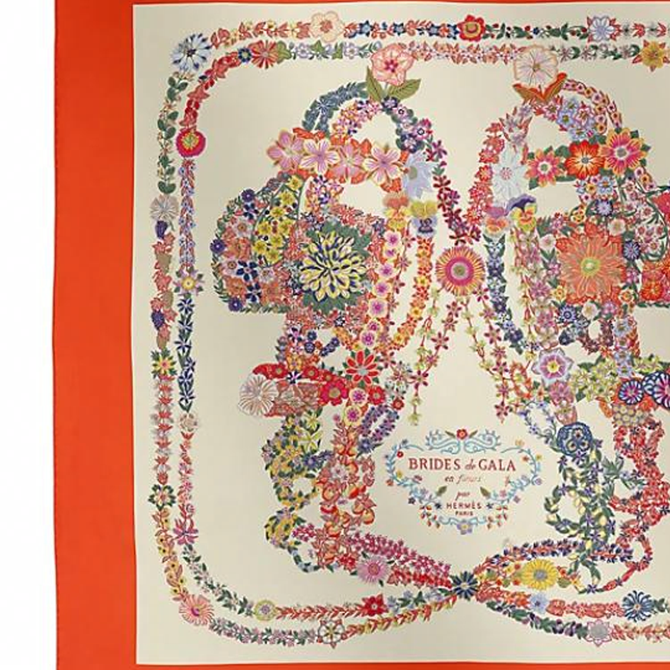 (Women) HERMES  Floral Geometric Print Mulberry Silk Scarf Vermilion Red. H004192S04 圖 3