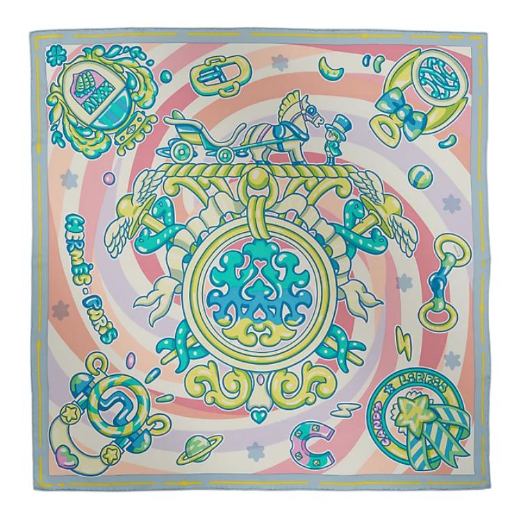 (Women) HERMES  Fluorescent Green Candy Print Silk Scarf. H984151Sv05
