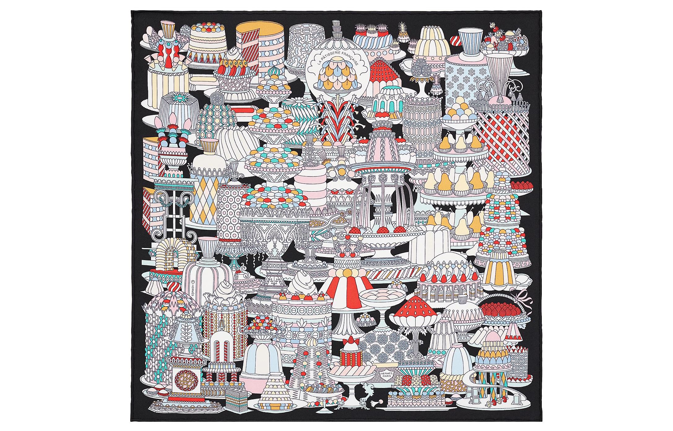 (Women) HERMES "French Dessert" 45cm Silk Scarf Women’s Black H893336S-04