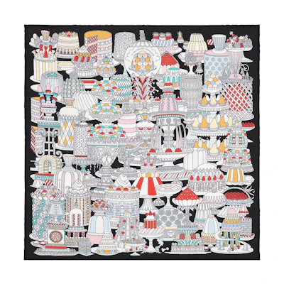 (Women) HERMES "French Dessert" 45cm Silk Scarf Women’s Black H893336S-04