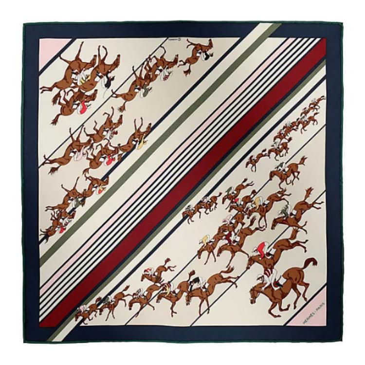 (Women) HERMES "Galloping Horse" Print Mulberry Silk Scarf for Women - Navy Blue H894178Sv04