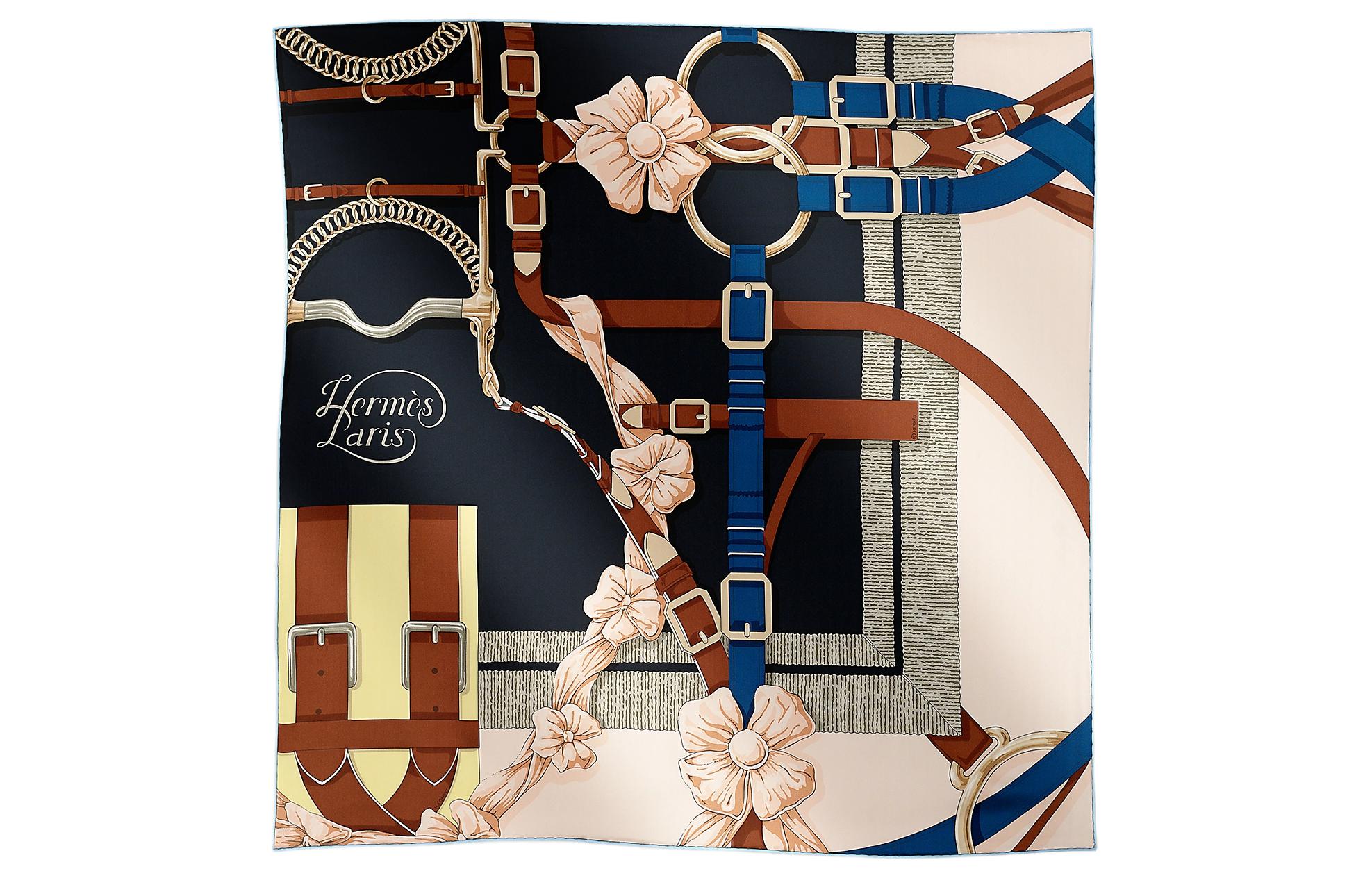 (Women) HERMES  Geometric Floral Print Silk Scarf Dark Blue H983256Sv09