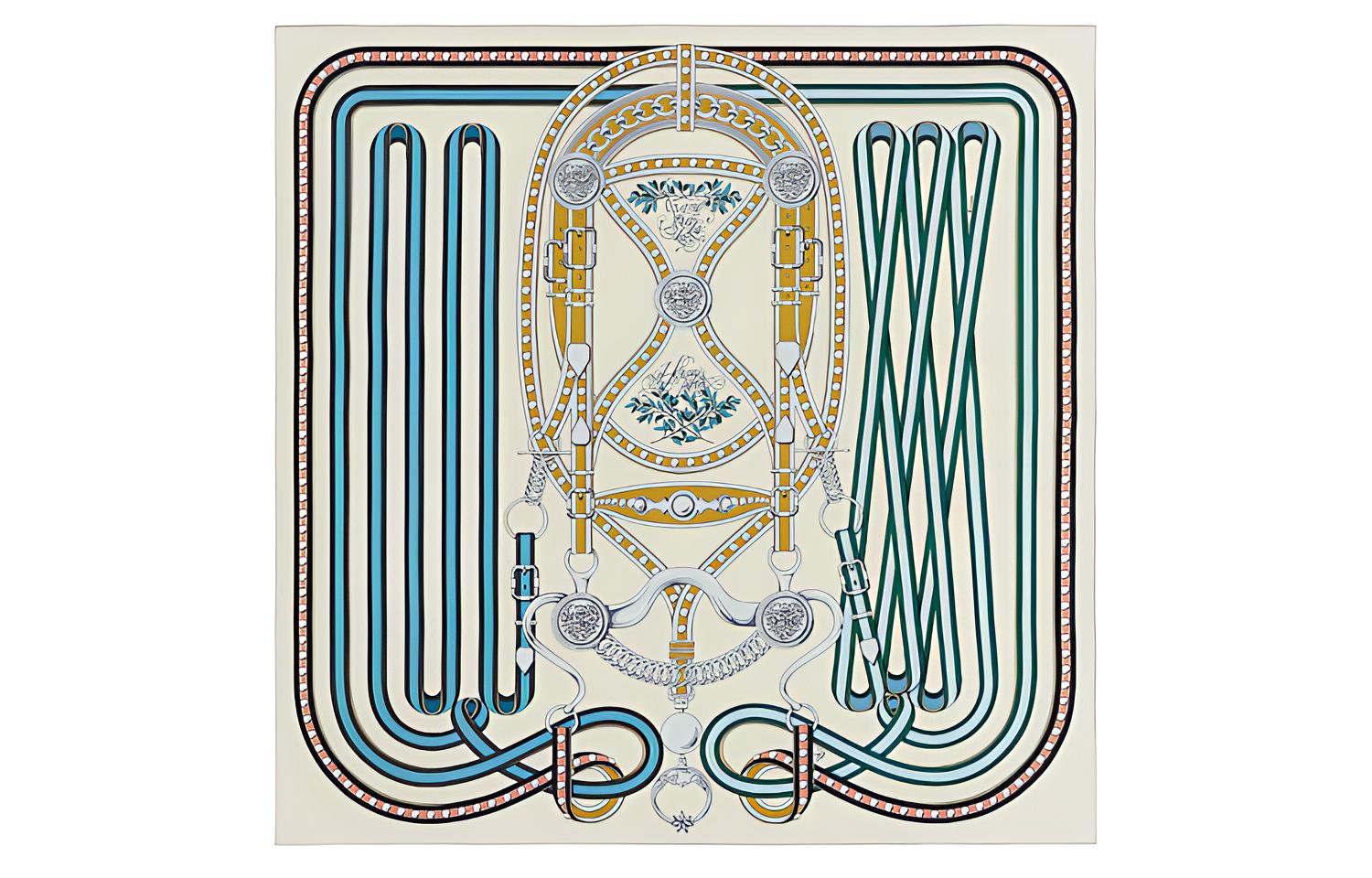 (Women) HERMES "Grand Celebration" 90cm Silk Scarf Women Cream/Blue. H003778S-07