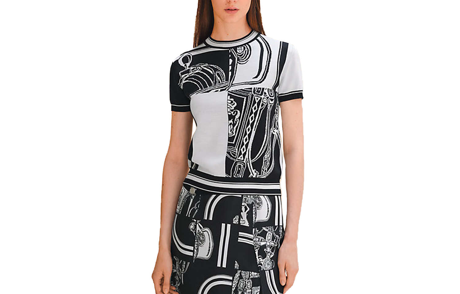 (Women) HERMES  Graphic Print Crewneck T-Shirt Black/White Short Sleeve H4E2654D65H