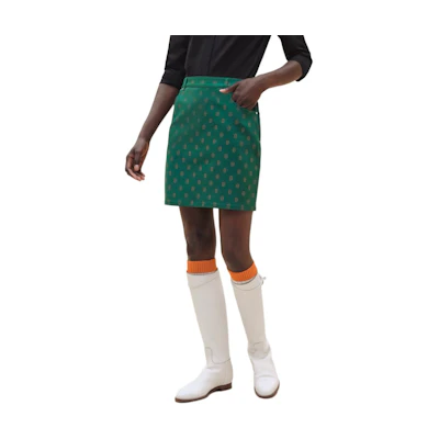 (Women) HERMES Green Polka Dot Print Denim Mini Skirt with Zipper Closure. H4E0351D7EK