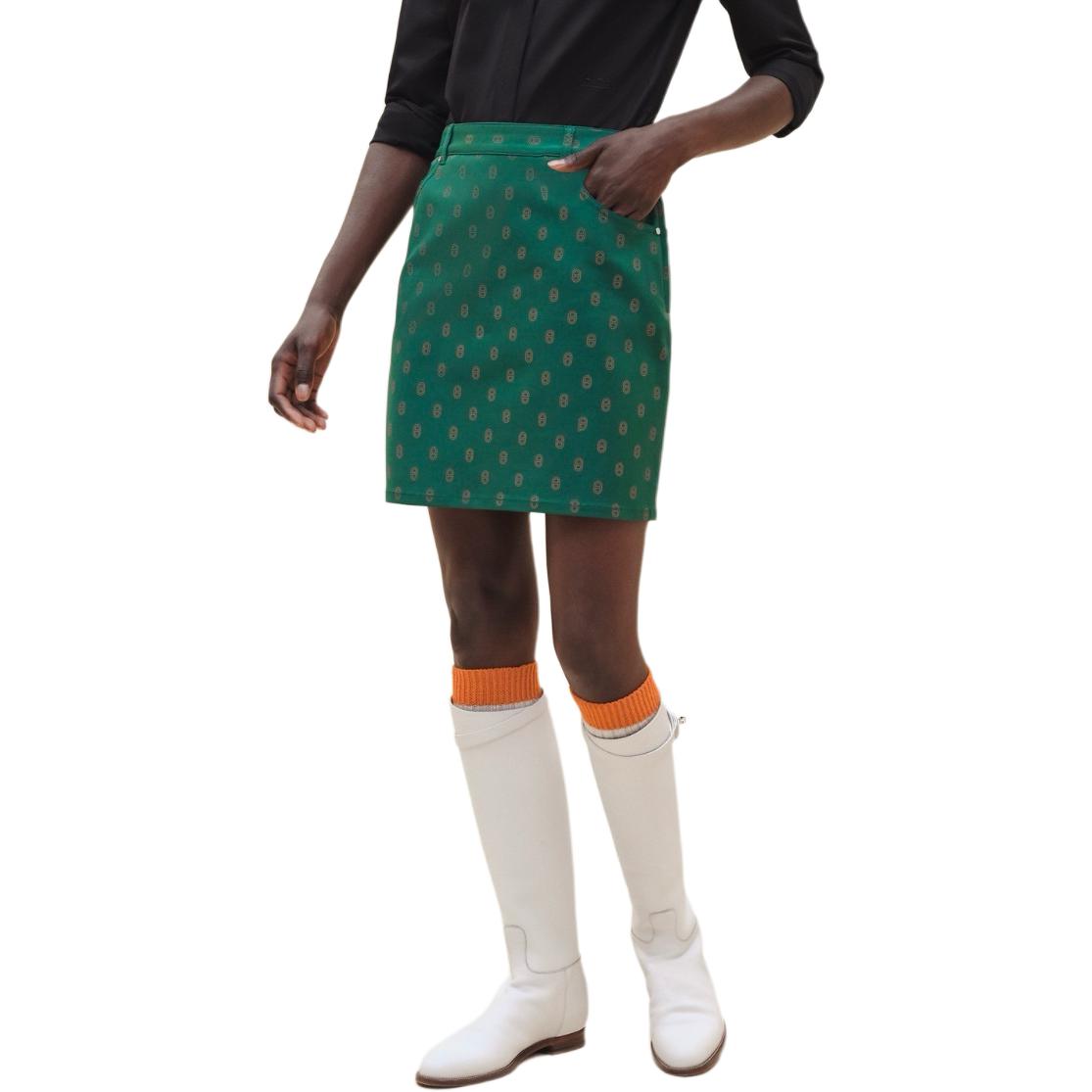 Order (W) HERMES 綠色波點印花牛仔迷你裙 配拉鍊設計. H4E0351D7EK