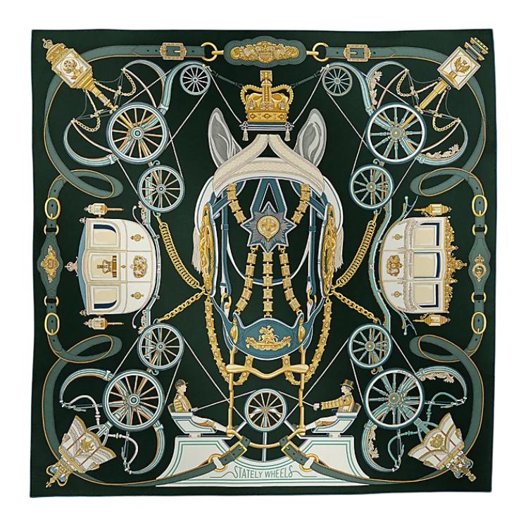 (Women) HERMES  Green Silk Scarf with Patterned Design. H004163S-05