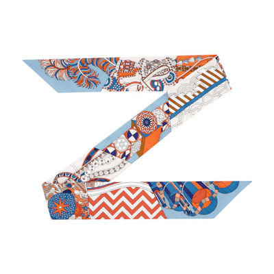 (Women) HERMES "L'Ombrelle aux Duels" Twilly Scarf Blue/Pumpkin Yellow/Cream Silk . H063464S-16