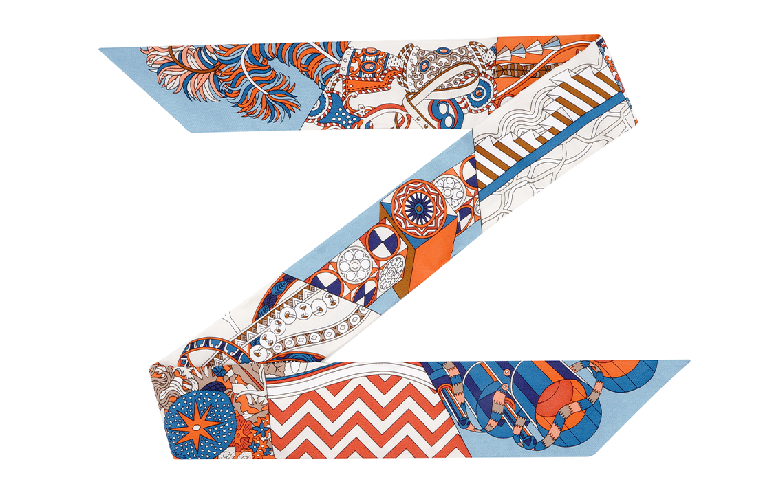 (Women) HERMES "L'Ombrelle aux Duels" Twilly Scarf Blue/Pumpkin Yellow/Cream Silk . H063464S-16 圖 2