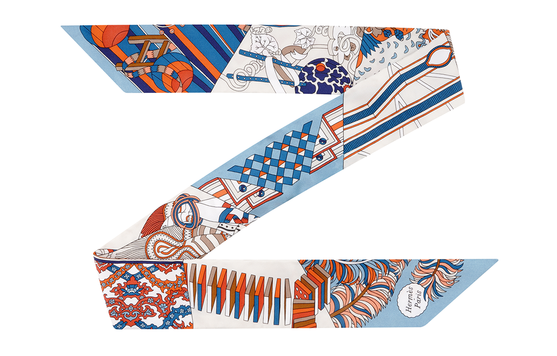 (Women) HERMES "L'Ombrelle aux Duels" Twilly Scarf Blue/Pumpkin Yellow/Cream Silk . H063464S-16 圖 3