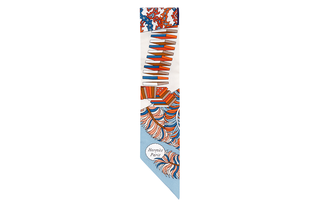 (Women) HERMES "L'Ombrelle aux Duels" Twilly Scarf Blue/Pumpkin Yellow/Cream Silk . H063464S-16 圖 4